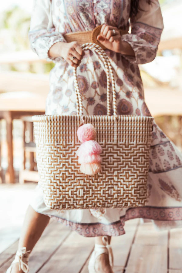 Tote Bag Squeeze the Citron beige Weiss mit rosa Pompon